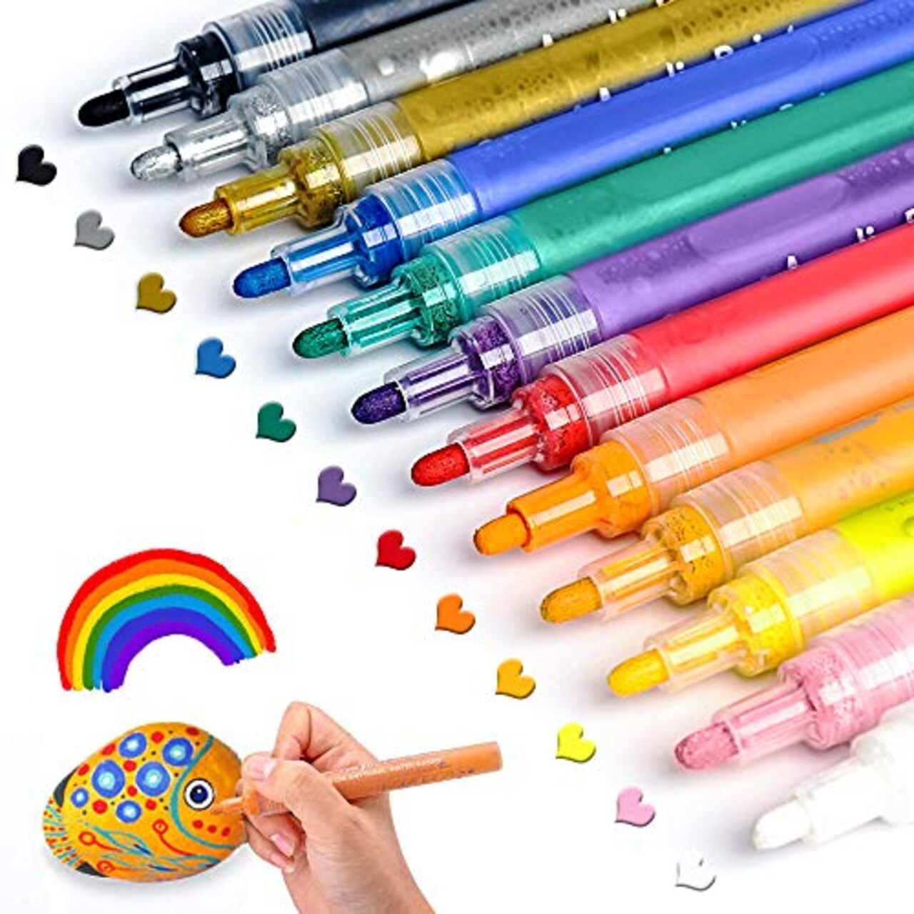 12 Colors Acrylic Paint Pens Paint Markers for Rock Painting, Canvas, Wood, Glass, Fabric, Metal, Plastic, Arts Crafts Easter Eggs, Pumpkin, Scrapbooking Supplies, Graffiti Markers for Adults Kids